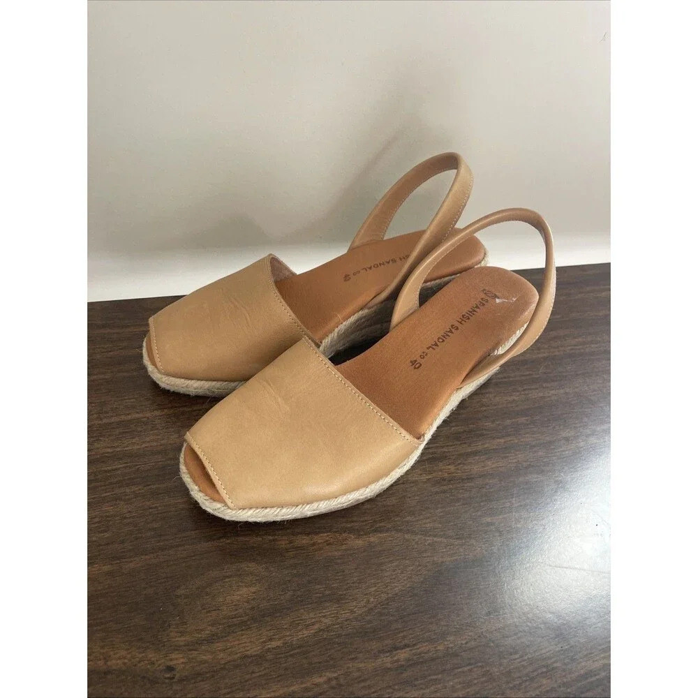 Spanish Sandal Co Leather Wedge Espadrilles Tan Slingback Peep Toe Shoes 40 - Picture 2 of 6